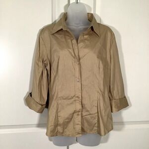 New York & Company Blouse Women's Size XL Stretch Cotton Blend Gold Striped